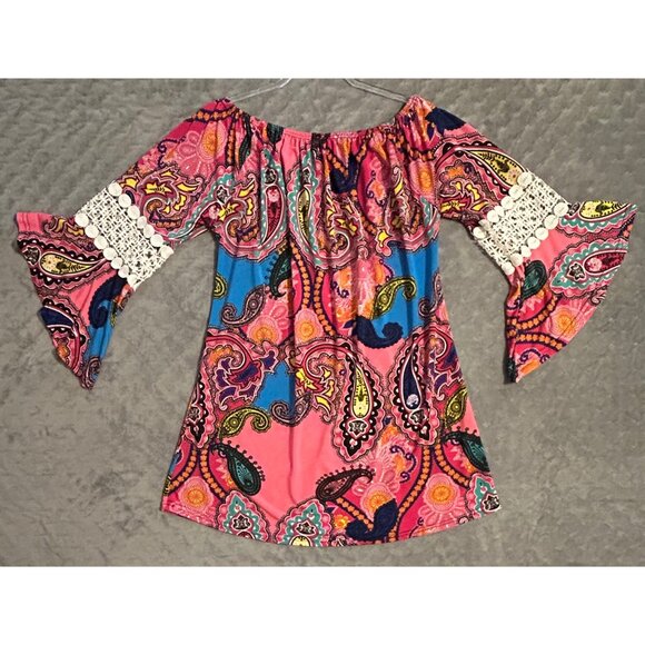 Win Win Women’s Paisley Print Tunic w/ Lace Bell Pinwheel Sleeves L-XL Pink Blue - Picture 6 of 6
